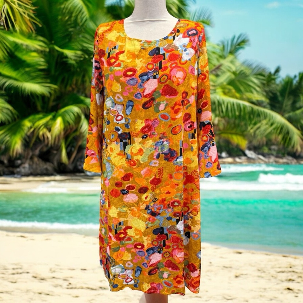 Jams World Women’s Dress Sz M 3/4 Sleeve Made in Hawaii Goru Gold Rush New
